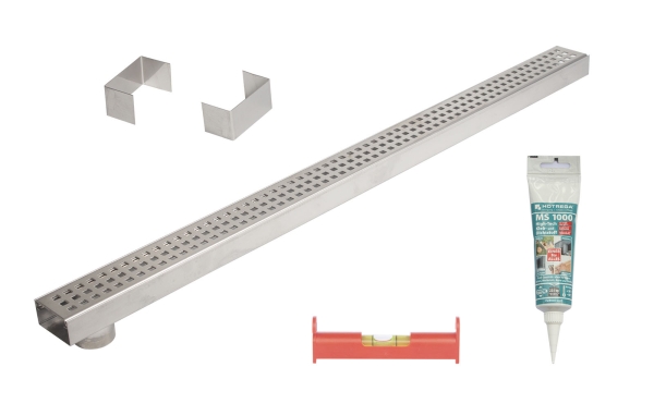 Entwässerungsrinnenset mit 1 x Rinne (Poolrinne) Superflach V4A mit Ablaufstutzen, 2 Endstücke, 1 Dichtmittel, 1 Schnurwasserwaage